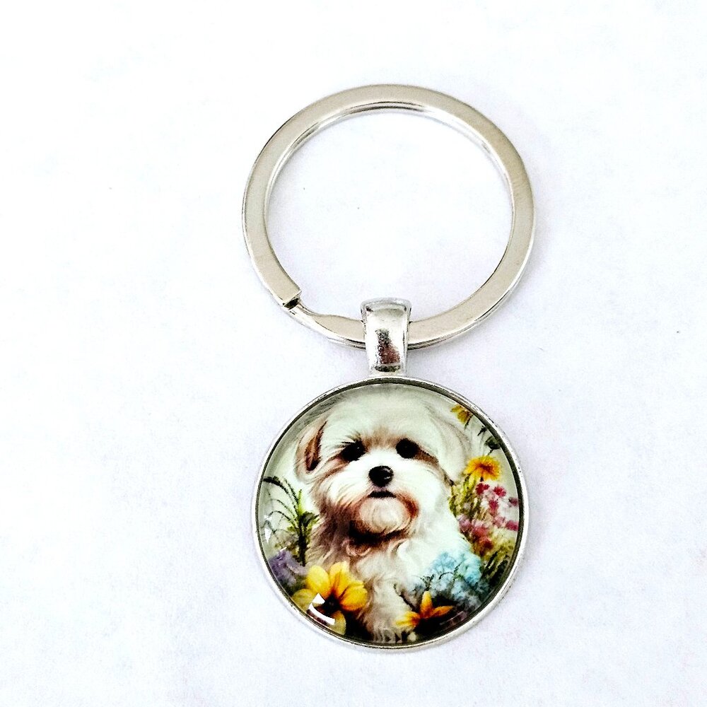 Bichon Frise Keychain Floral Art Round Dog Charm Gift for Pet Lover